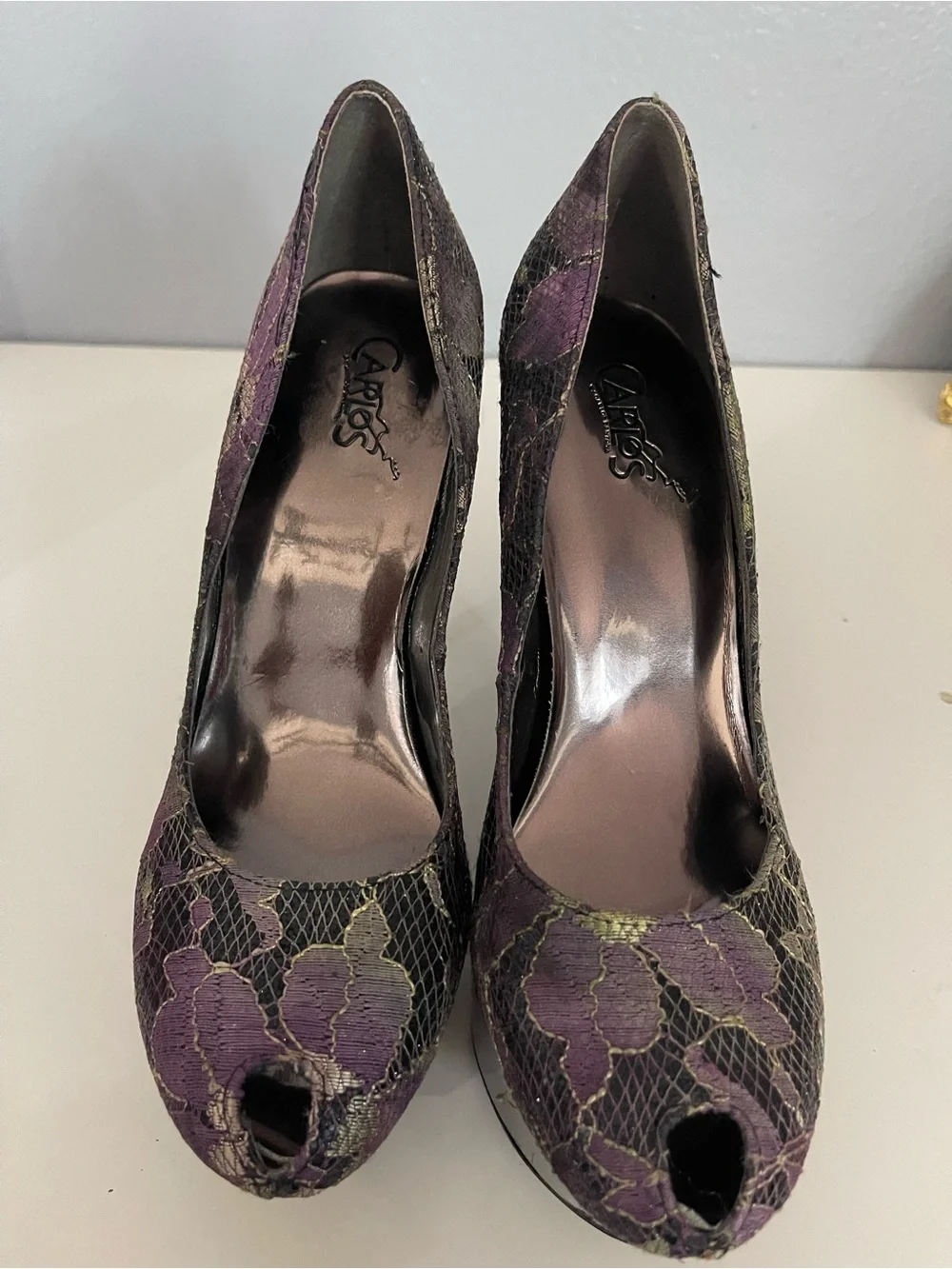 Women's Purple Floral Lace Peep-Toe Platform Pumps